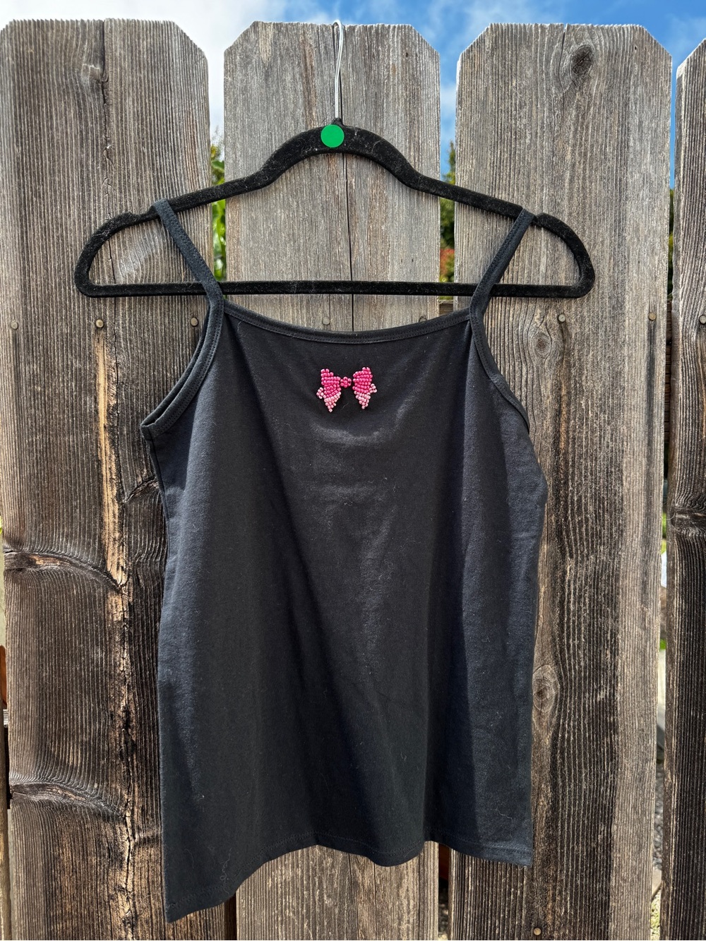 Everything That Glitters Black Tank Top with Pink Beaded Embroidered Bow
